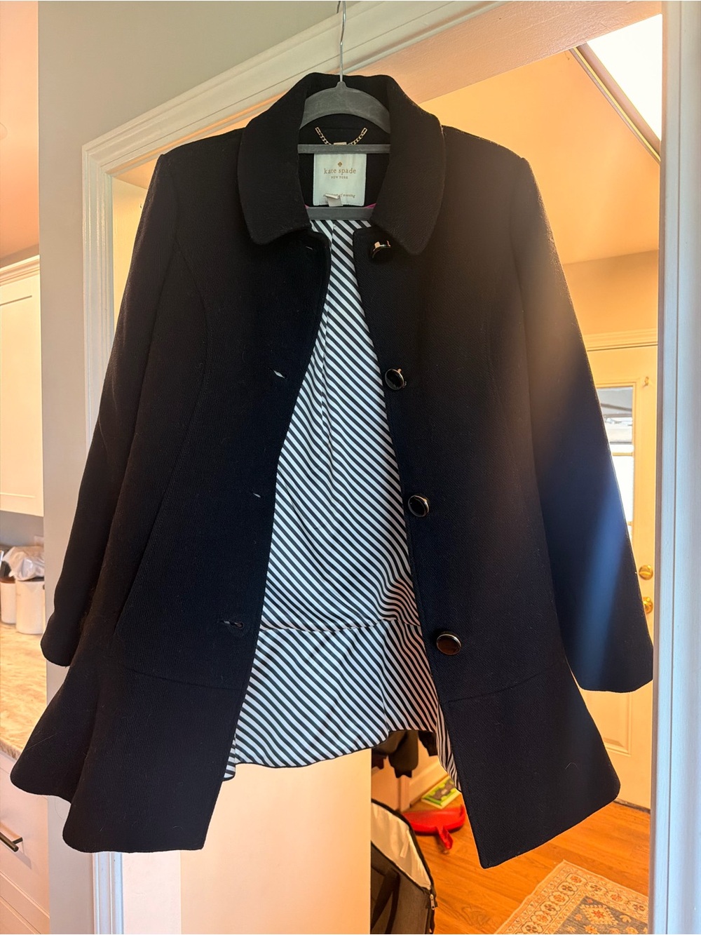 Kate Spade Black Wool Swing Coat with Striped Lining